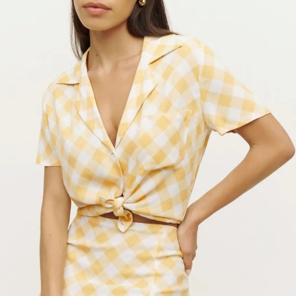 Reformation Yellow and White Gingham Button-Down Tie-Front Top